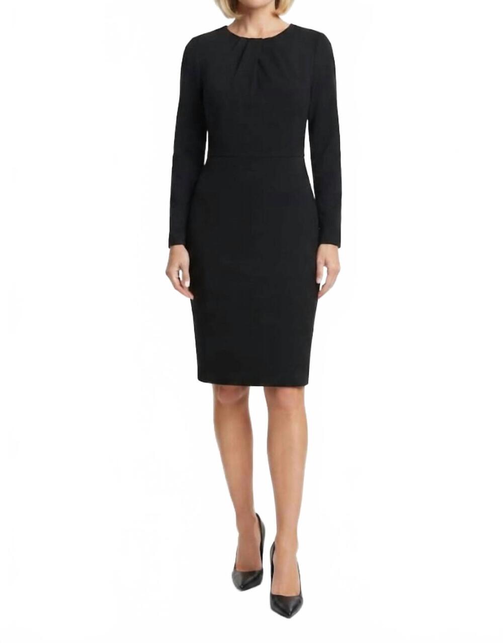 NEW MAGGY LONDON long sleeve pleated neck sheath dress in black